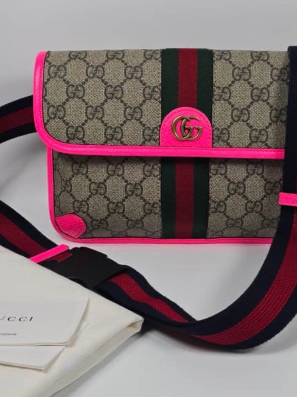 Gucci GG Canvas Crossbody with Neon Pink Trim